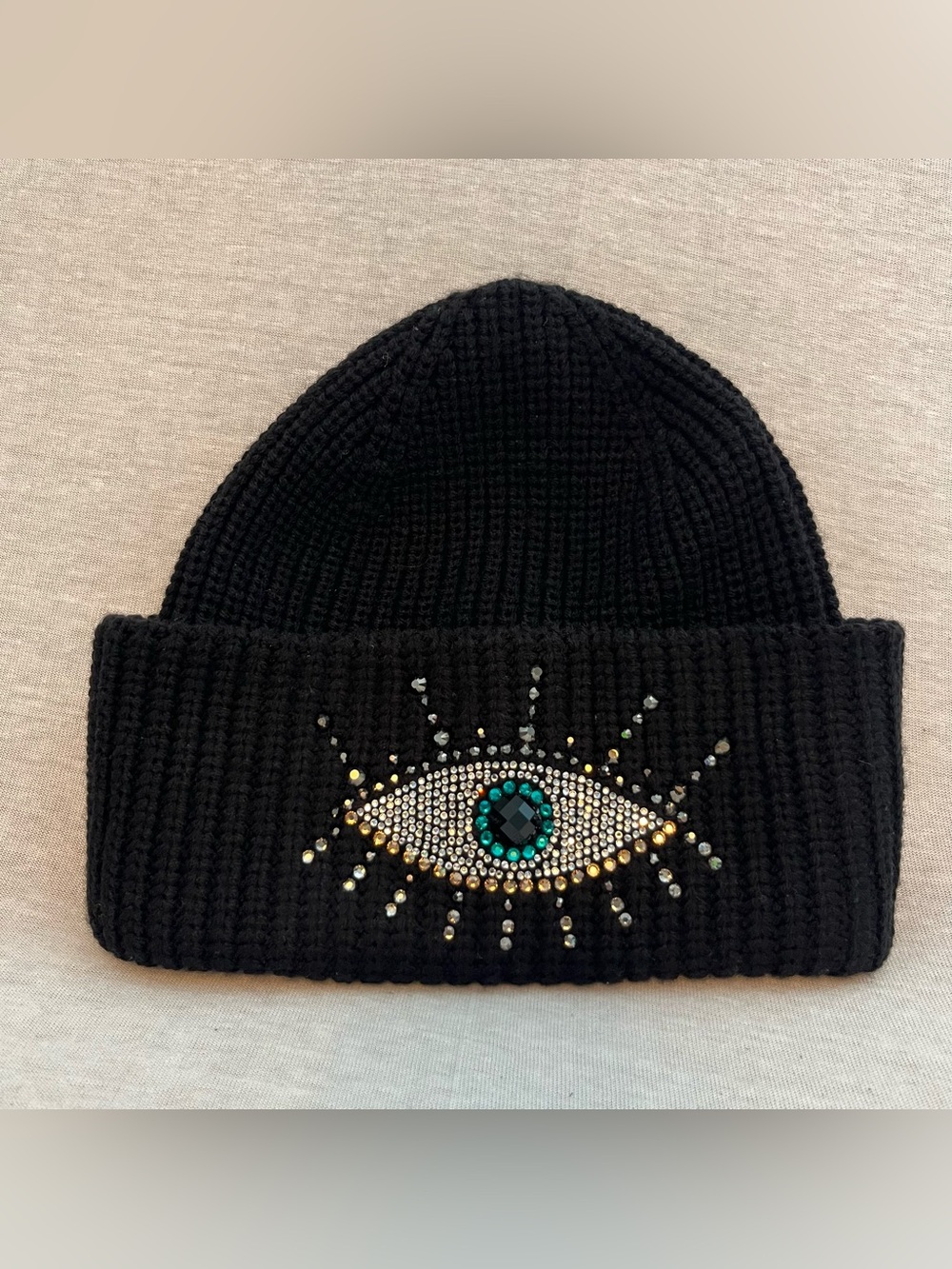 Kurt Geiger Evil Eye Black Knit Wool Blend Beanie with Crystal Embellishment